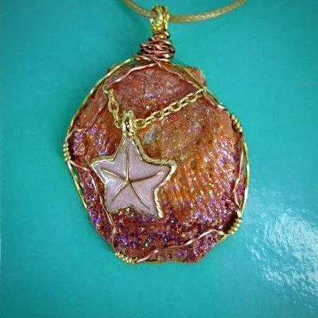 Orange Clam Shell Pendant with Pink Starfish Charm, Gold/Copper Wire Wrap, Gold Tone Rope Necklace - Handmade