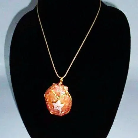 Orange Clam Shell Pendant with Pink Starfish Charm, Gold/Copper Wire Wrap, Gold Tone Rope Necklace - Handmade