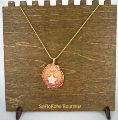Orange Clam Shell Pendant with Pink Starfish Charm, Gold/Copper Wire Wrap, Gold Tone Rope Necklace - Handmade