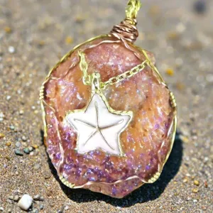 Orange Clam Shell Pendant with Pink Starfish Charm, Gold/Copper Wire Wrap, Gold Tone Rope Necklace - Handmade
