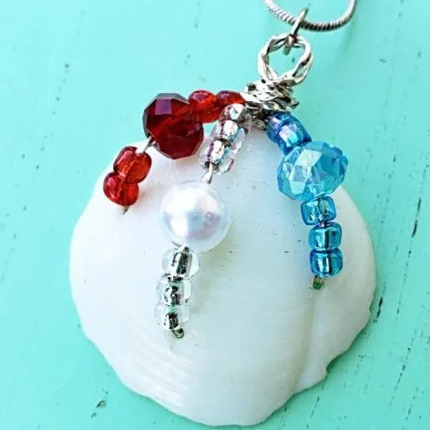 ✨Patriotic Lucina Seashell Pendant with Red, White & Blue Beads on Black Leather Rope - Handmade Pendant