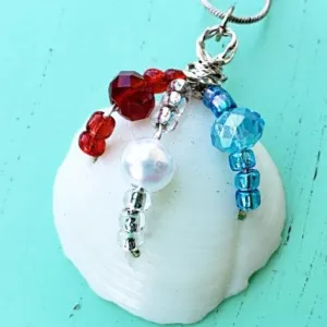 ✨Patriotic Lucina Seashell Pendant with Red, White & Blue Beads on Black Leather Rope - Handmade Pendant