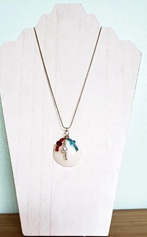 ✨Patriotic Lucina Seashell Pendant with Red, White & Blue Beads on Black Leather Rope - Handmade Pendant