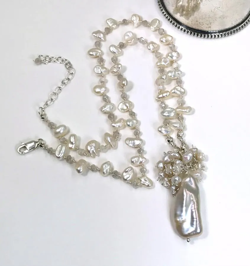 Pearl Crystal Silk Knotted Wedding Necklace