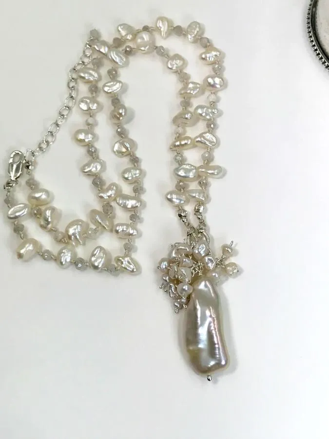 Pearl Crystal Silk Knotted Wedding Necklace