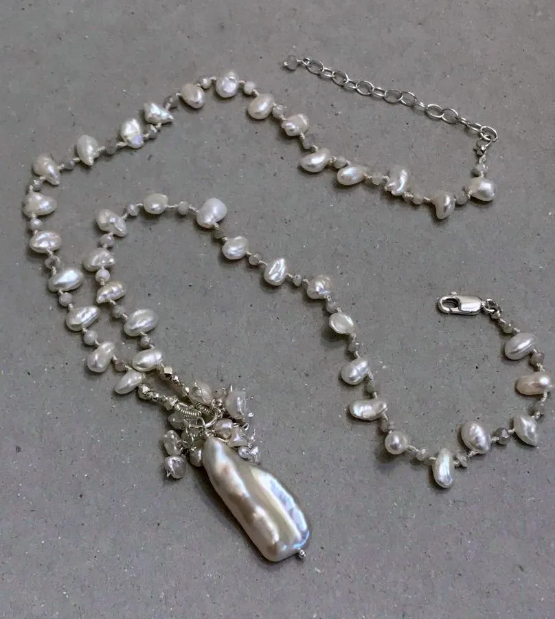 Pearl Crystal Silk Knotted Wedding Necklace