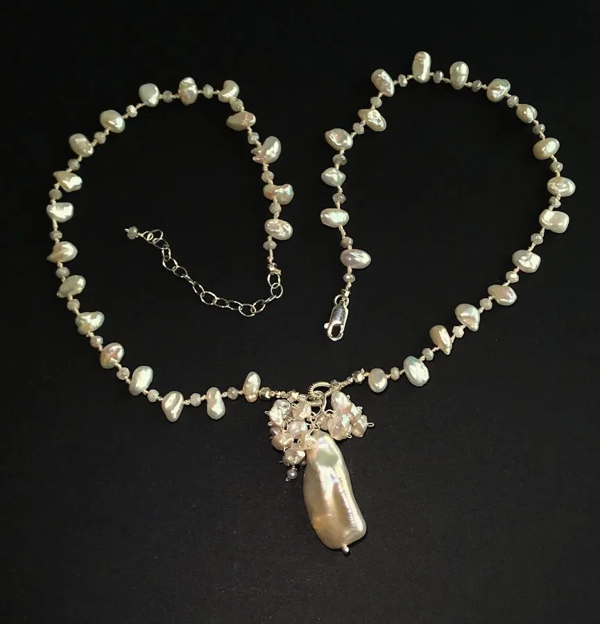 Pearl Crystal Silk Knotted Wedding Necklace