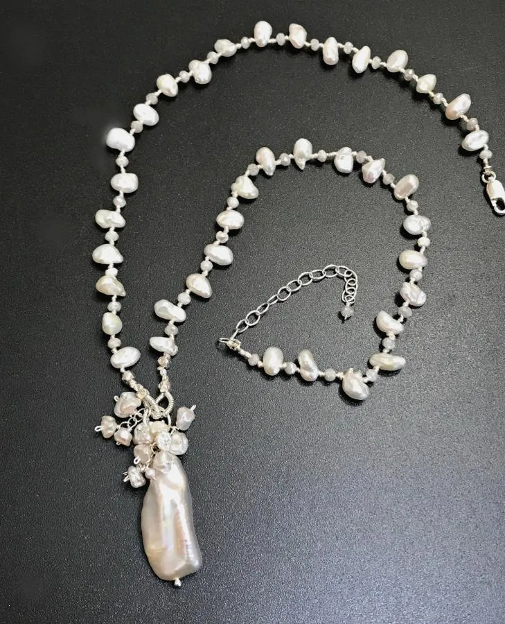 Pearl Crystal Silk Knotted Wedding Necklace
