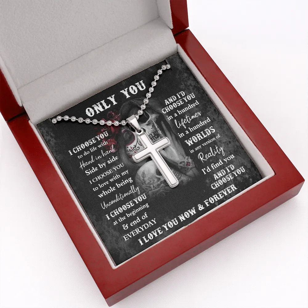 Personalized Skeleton Lovers Gift, Engraved Cross Necklace For Gothic Skull Lovers
