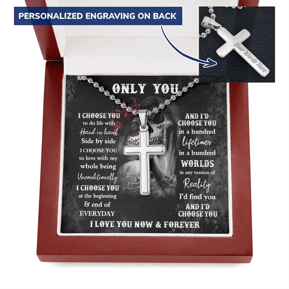 Personalized Skeleton Lovers Gift, Engraved Cross Necklace For Gothic Skull Lovers