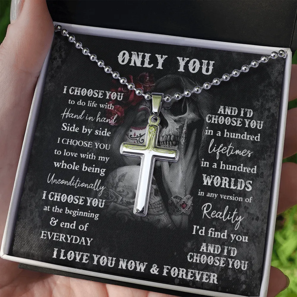 Personalized Skeleton Lovers Gift, Engraved Cross Necklace For Gothic Skull Lovers