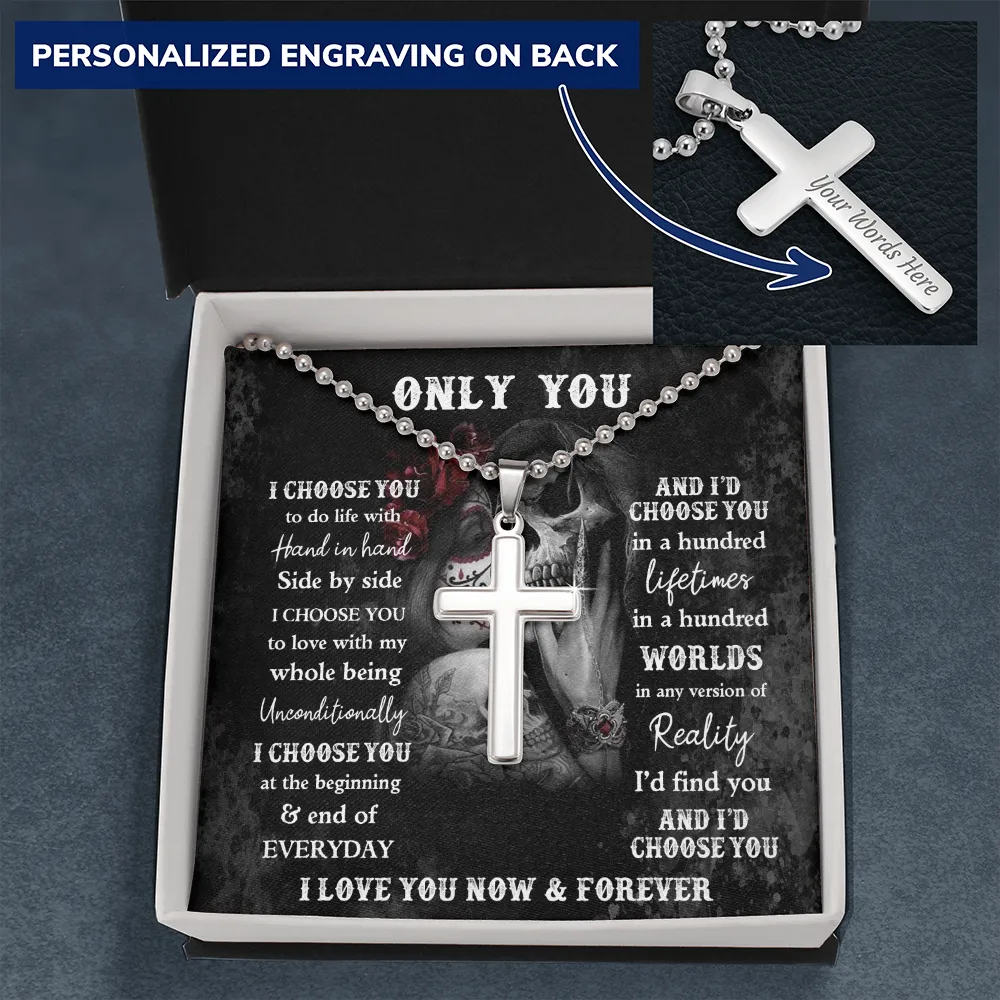 Personalized Skeleton Lovers Gift, Engraved Cross Necklace For Gothic Skull Lovers