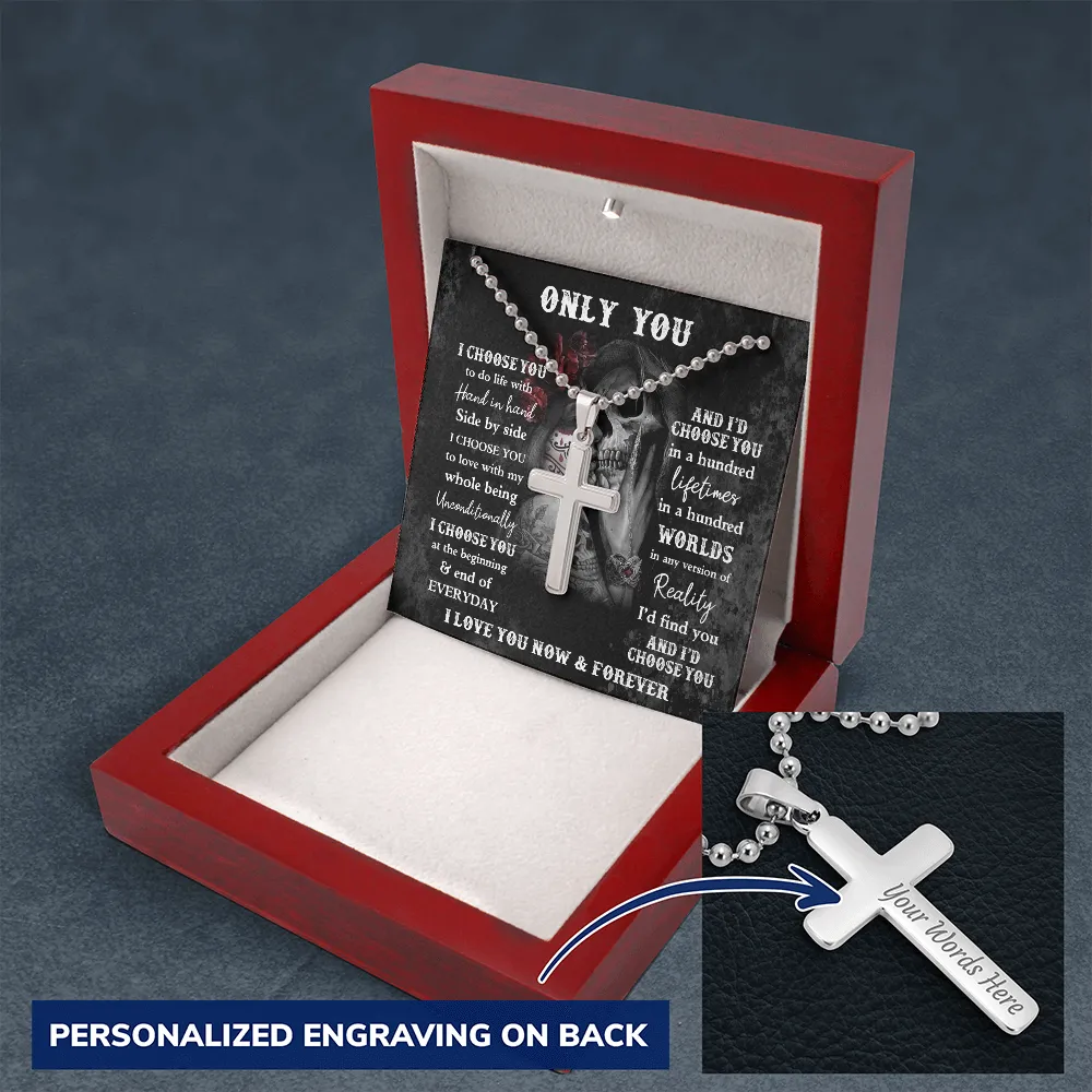 Personalized Skeleton Lovers Gift, Engraved Cross Necklace For Gothic Skull Lovers