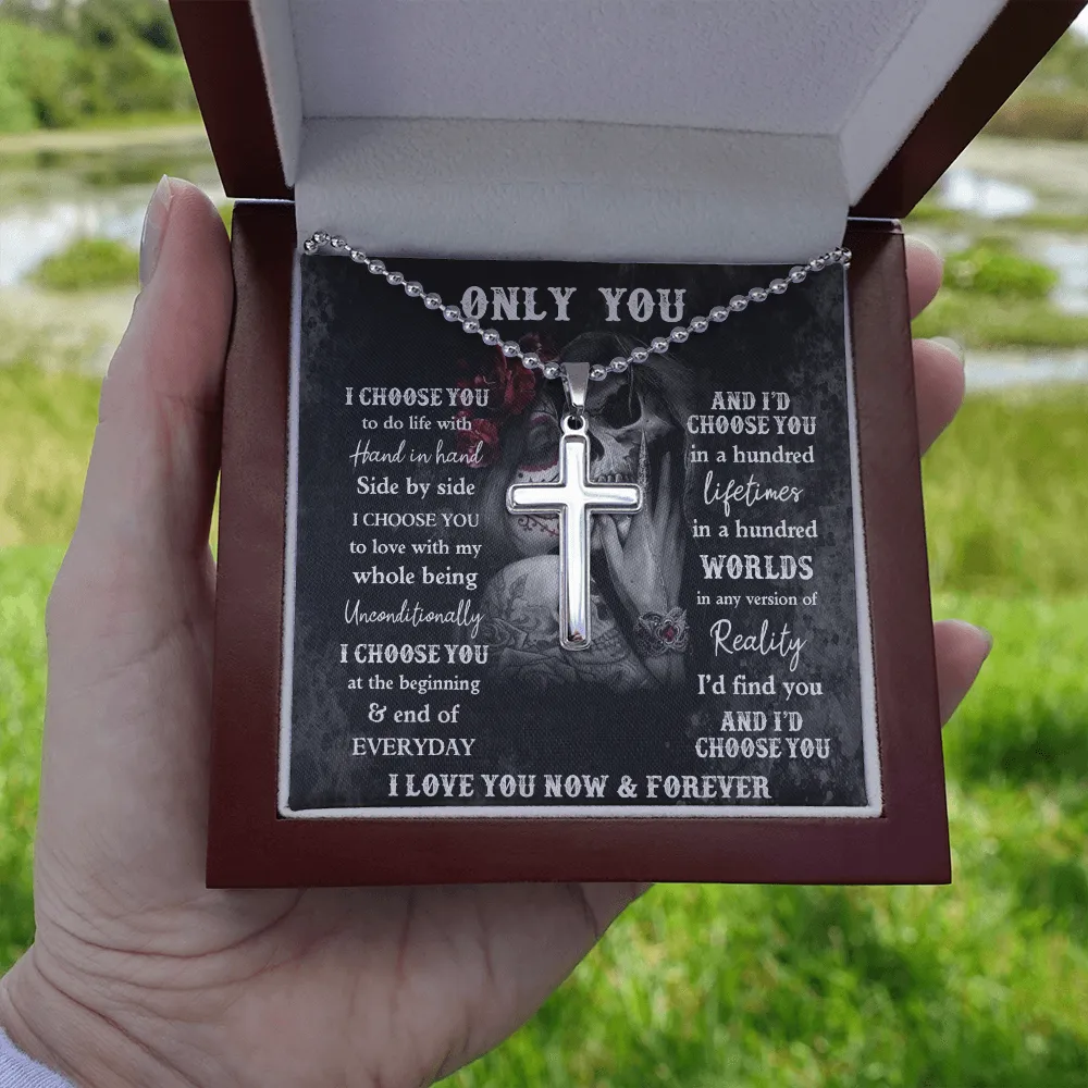 Personalized Skeleton Lovers Gift, Engraved Cross Necklace For Gothic Skull Lovers