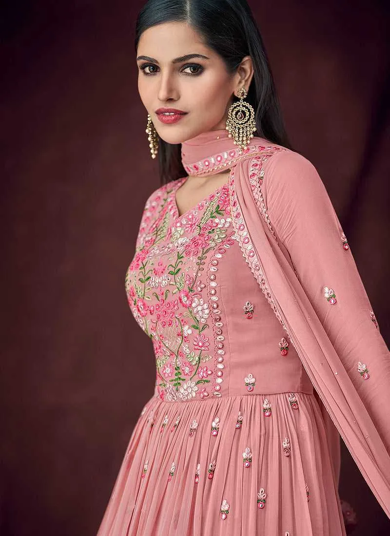 Pink and Gold Embroidered Anarkali Style Lehenga