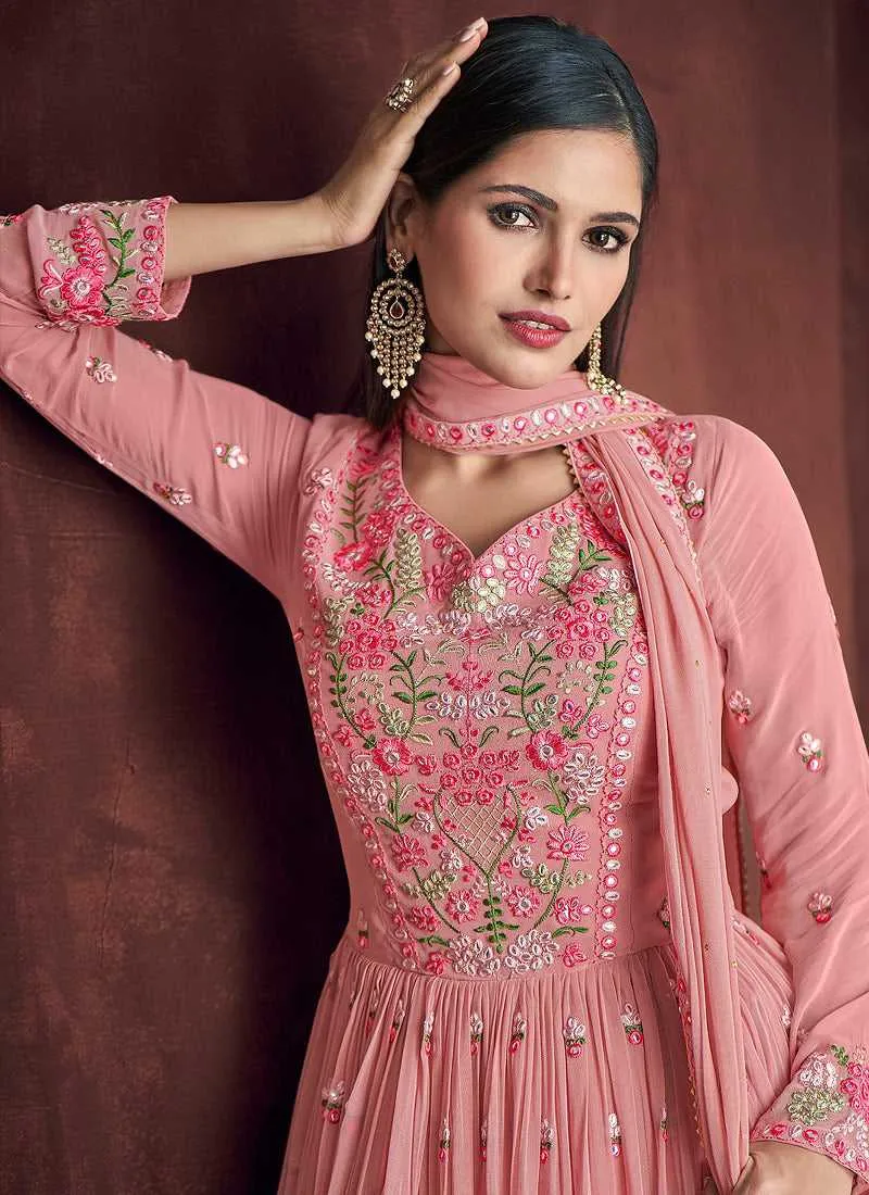 Pink and Gold Embroidered Anarkali Style Lehenga