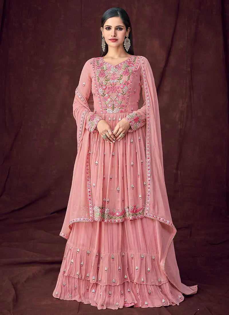 Pink and Gold Embroidered Anarkali Style Lehenga