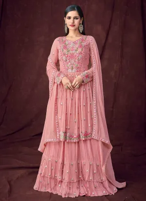 Pink and Gold Embroidered Anarkali Style Lehenga