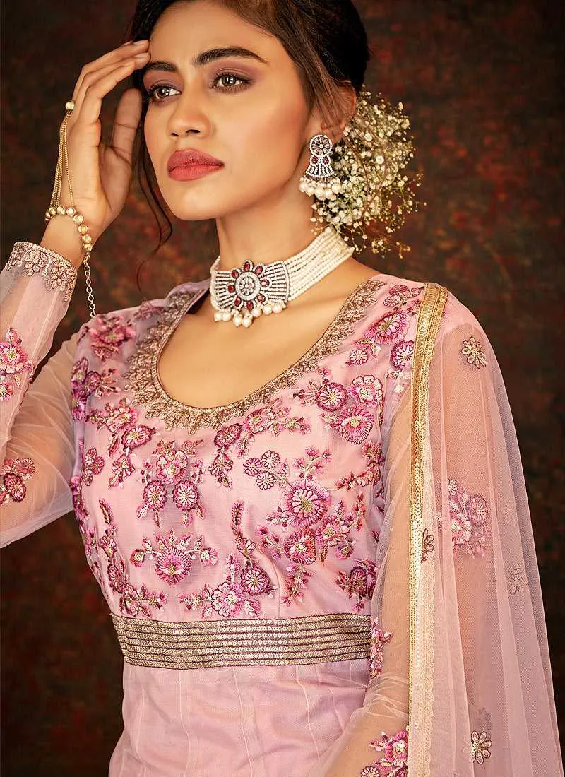 Pink and Gold Floral Embroidered Kalidar Anarkali
