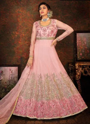 Pink and Gold Floral Embroidered Kalidar Anarkali