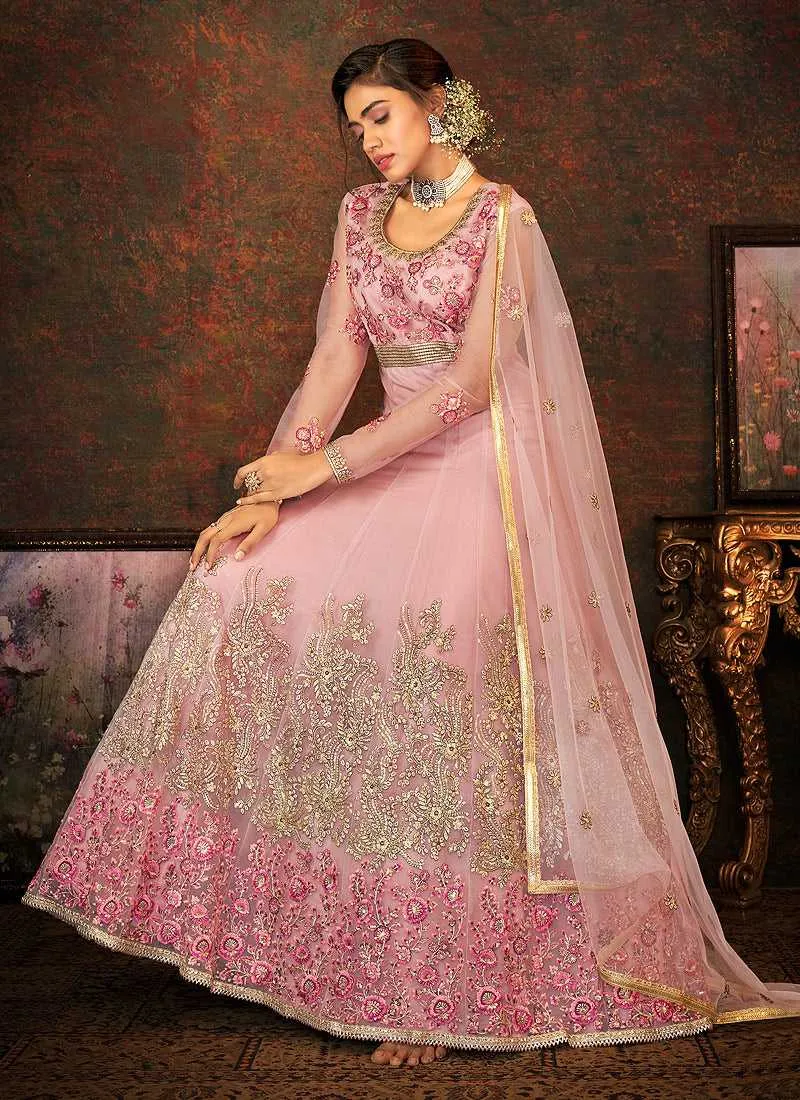 Pink and Gold Floral Embroidered Kalidar Anarkali