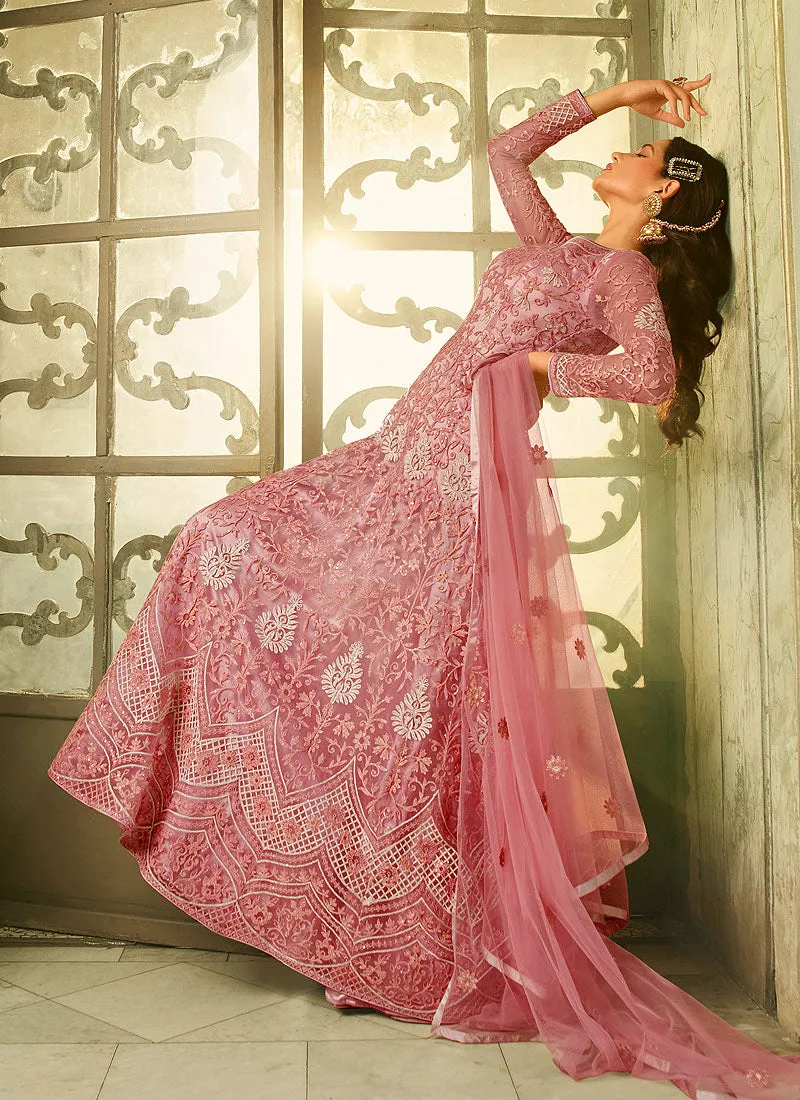 Pink Heavy Embroidered Kalidar Anarkali Style