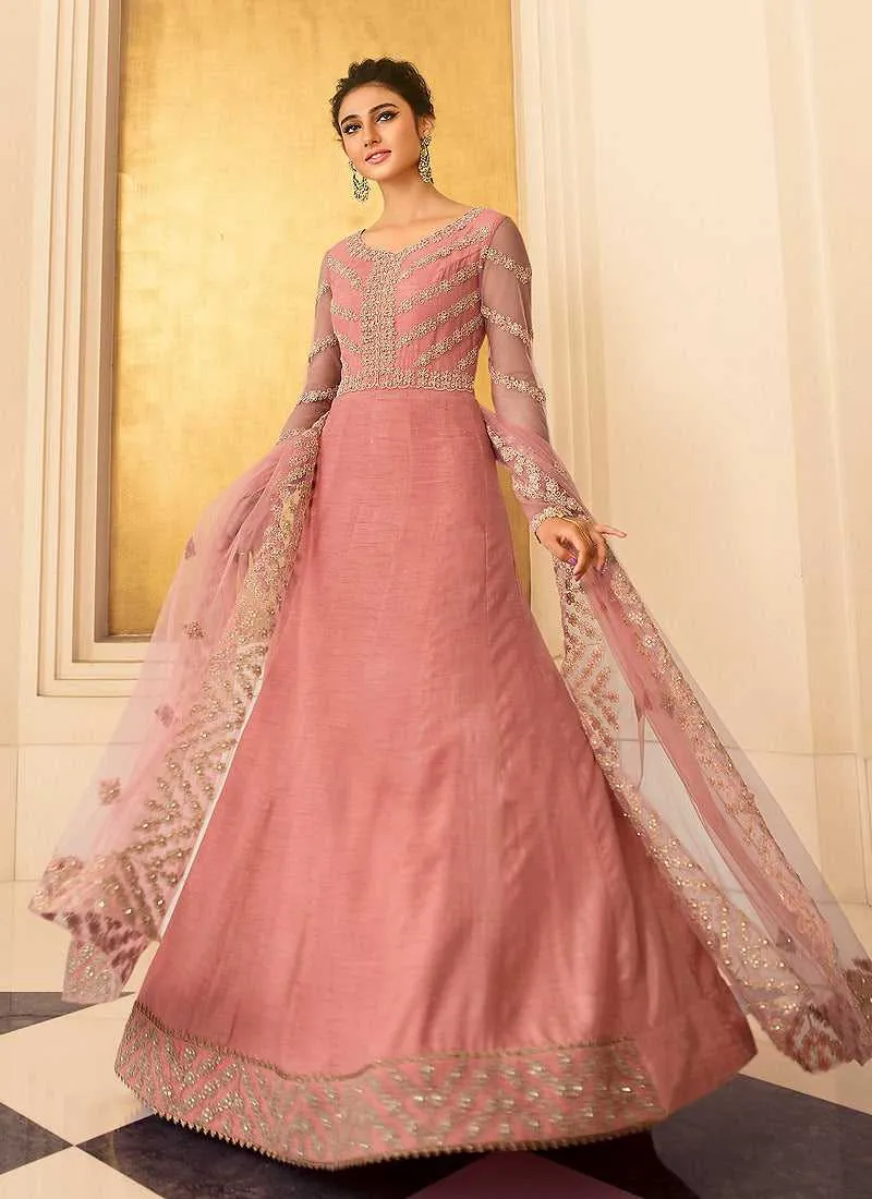 Pink Heavy Neck Embroidered Gown Style Anarkali