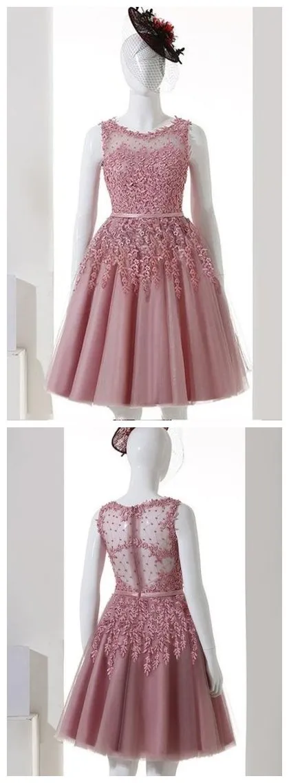 Pink Illusion See Through Lace Beaded Short Cheap Homecoming Dresses Online, BDY0345