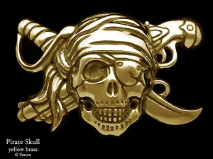Pirate Skull Belt Buckle Sterling Silver or Yellow Brass