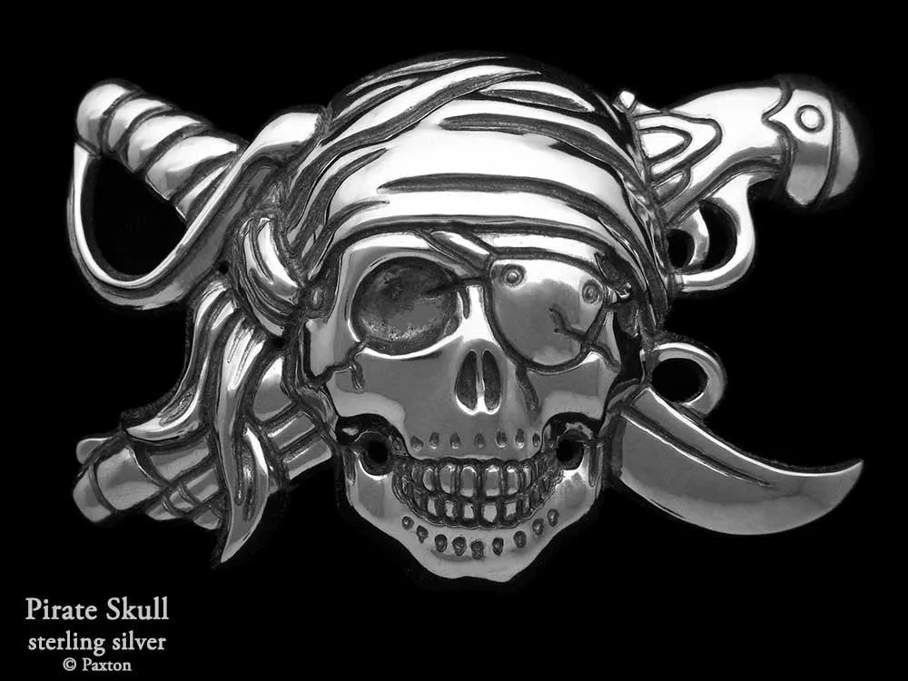 Pirate Skull Belt Buckle Sterling Silver or Yellow Brass