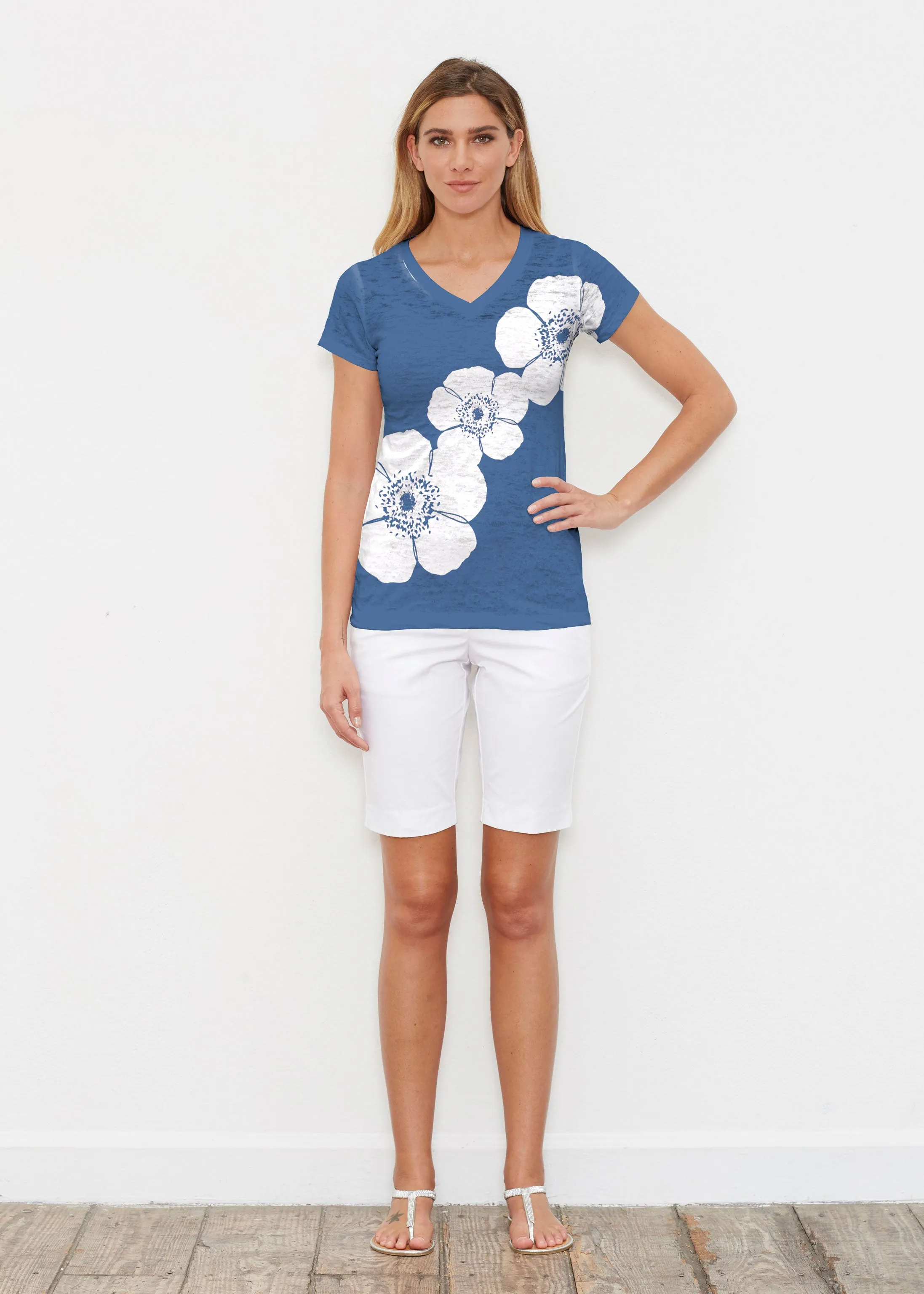Poppy Navy (7013) ~ Signature Cap Sleeve V-Neck Shirt