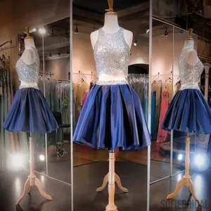 Popular Two Pieces Navy Blue Satin Beaded Homecoming Prom Dresses, SF0048