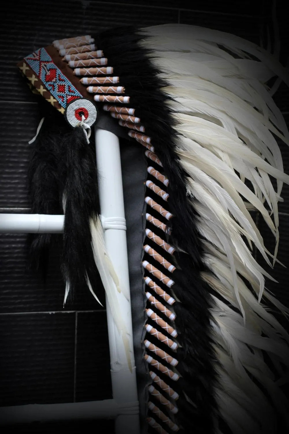 PRICE REDUCED Z06 Extra Large White  Feather Headdress (43  inch long )/ war bonnet.