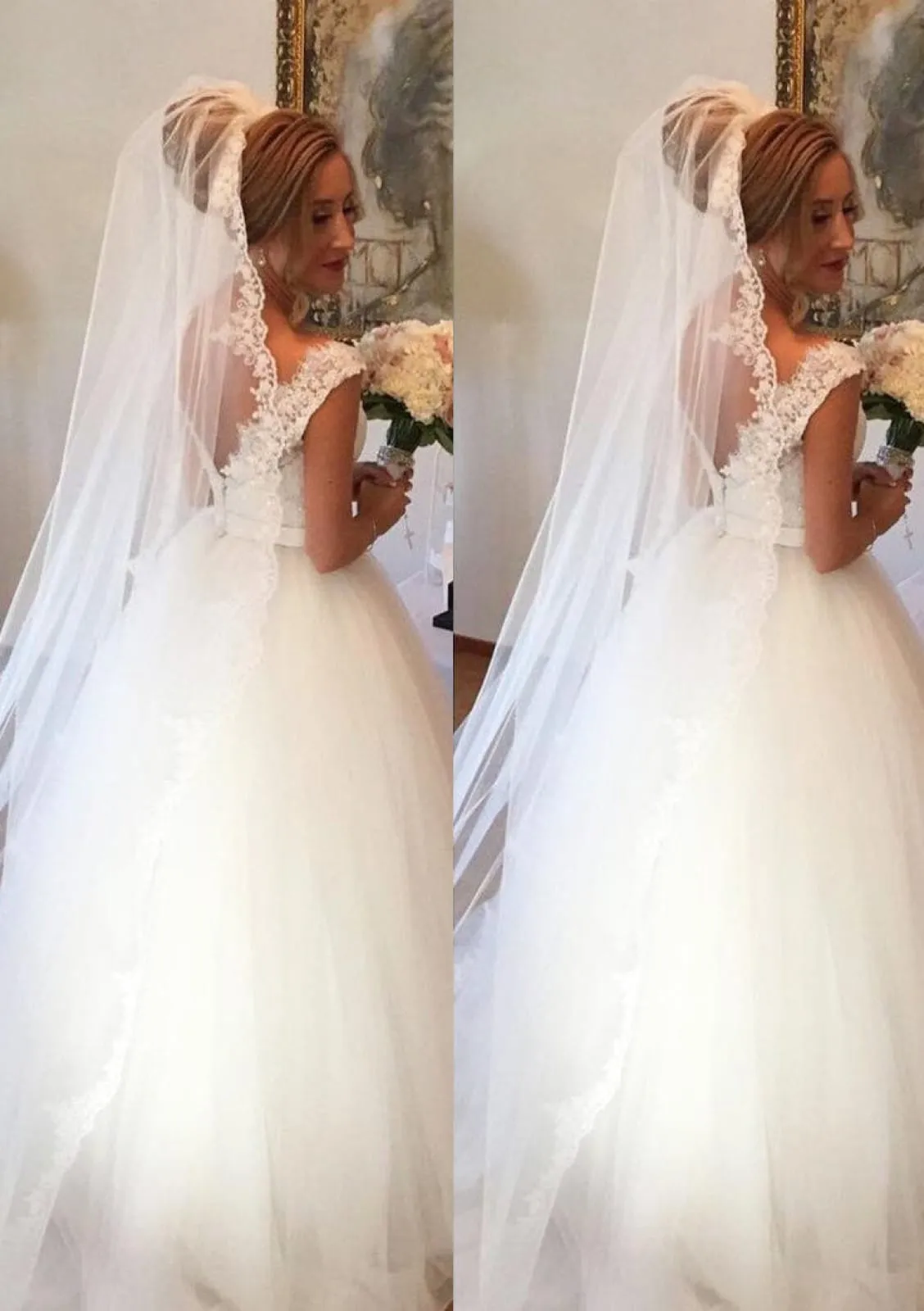Princess V Neck Sleeveless Open Back Lace Tulle Wedding Dress