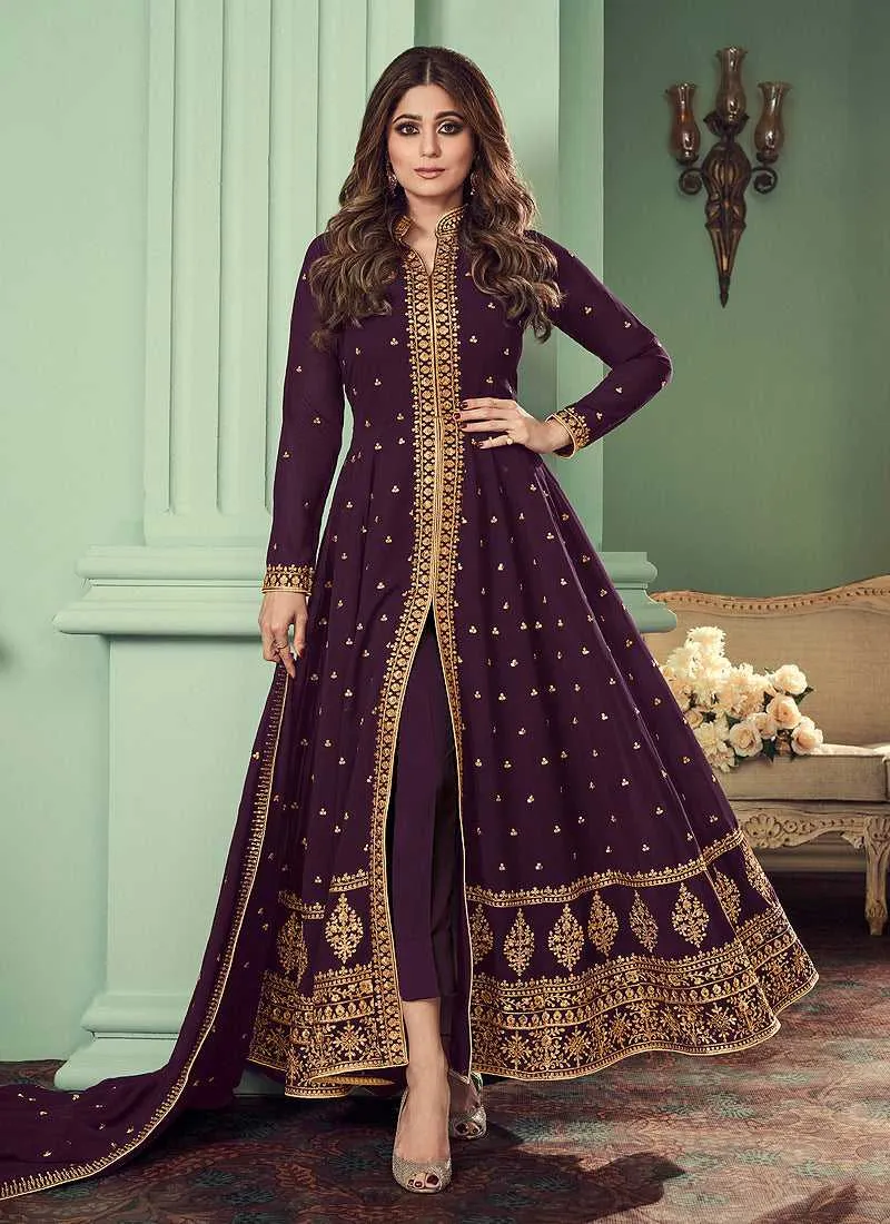 Purple and Gold Heavy Embroidered High Slit Anarkali