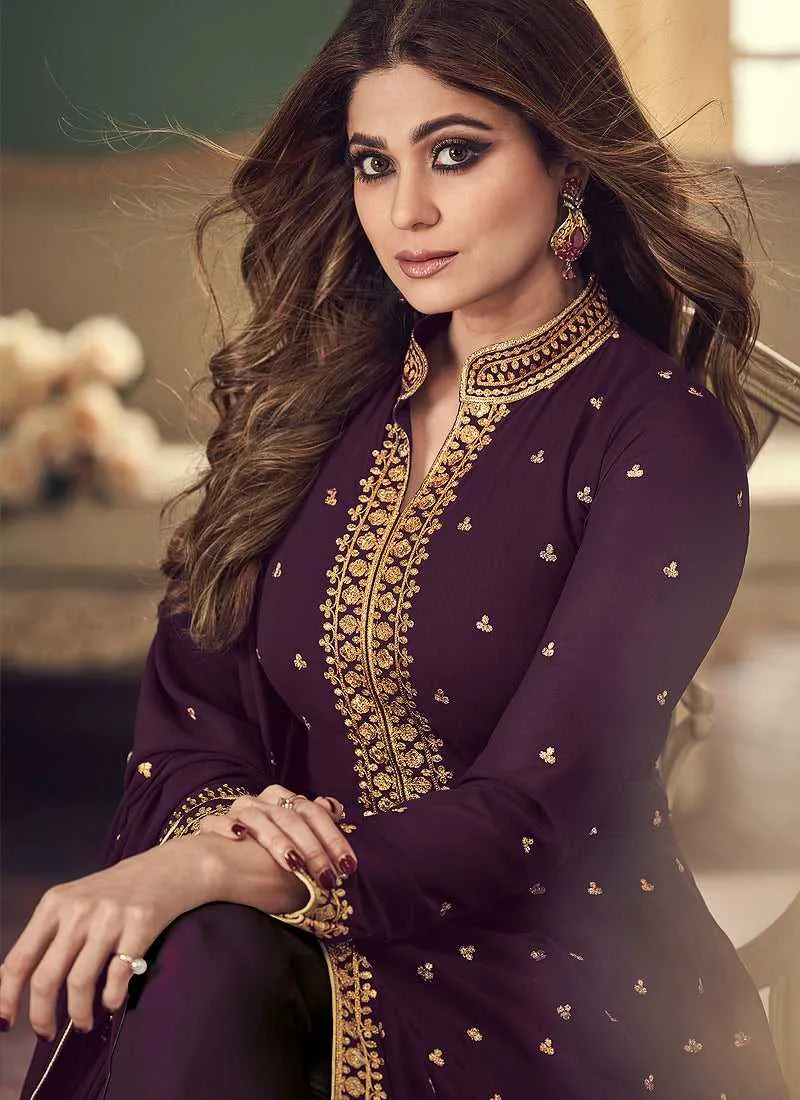 Purple and Gold Heavy Embroidered High Slit Anarkali