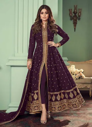 Purple and Gold Heavy Embroidered High Slit Anarkali