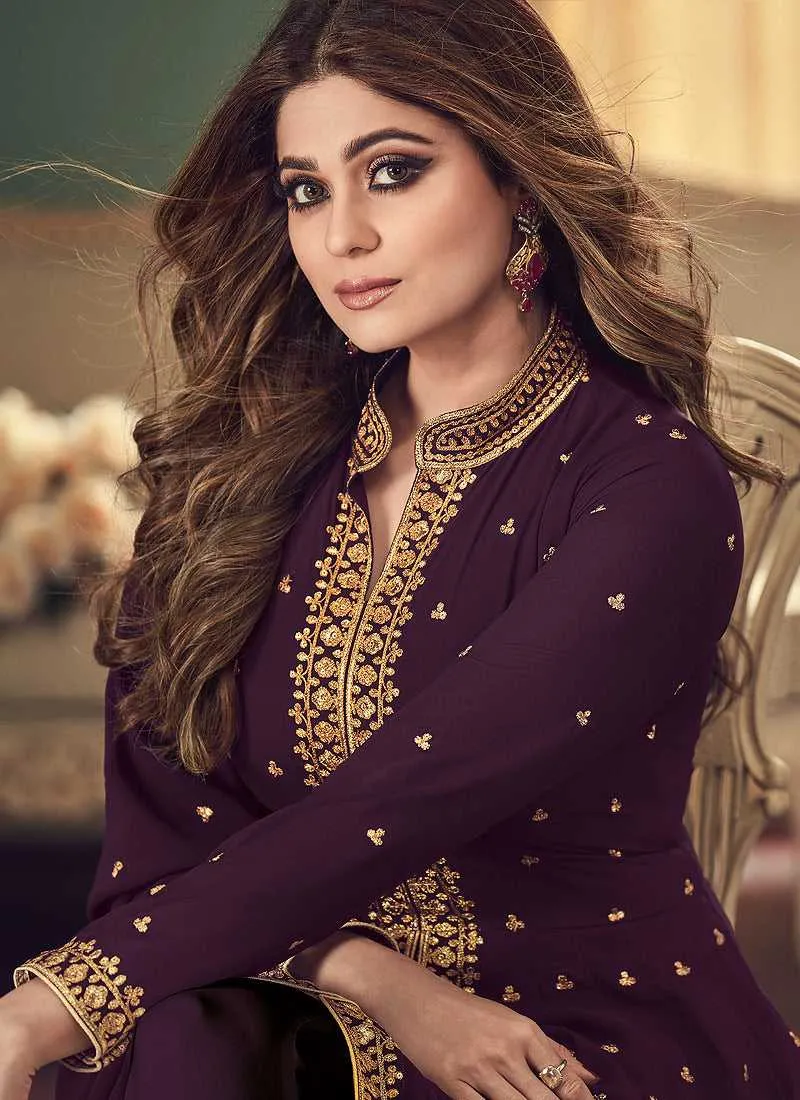 Purple and Gold Heavy Embroidered High Slit Anarkali