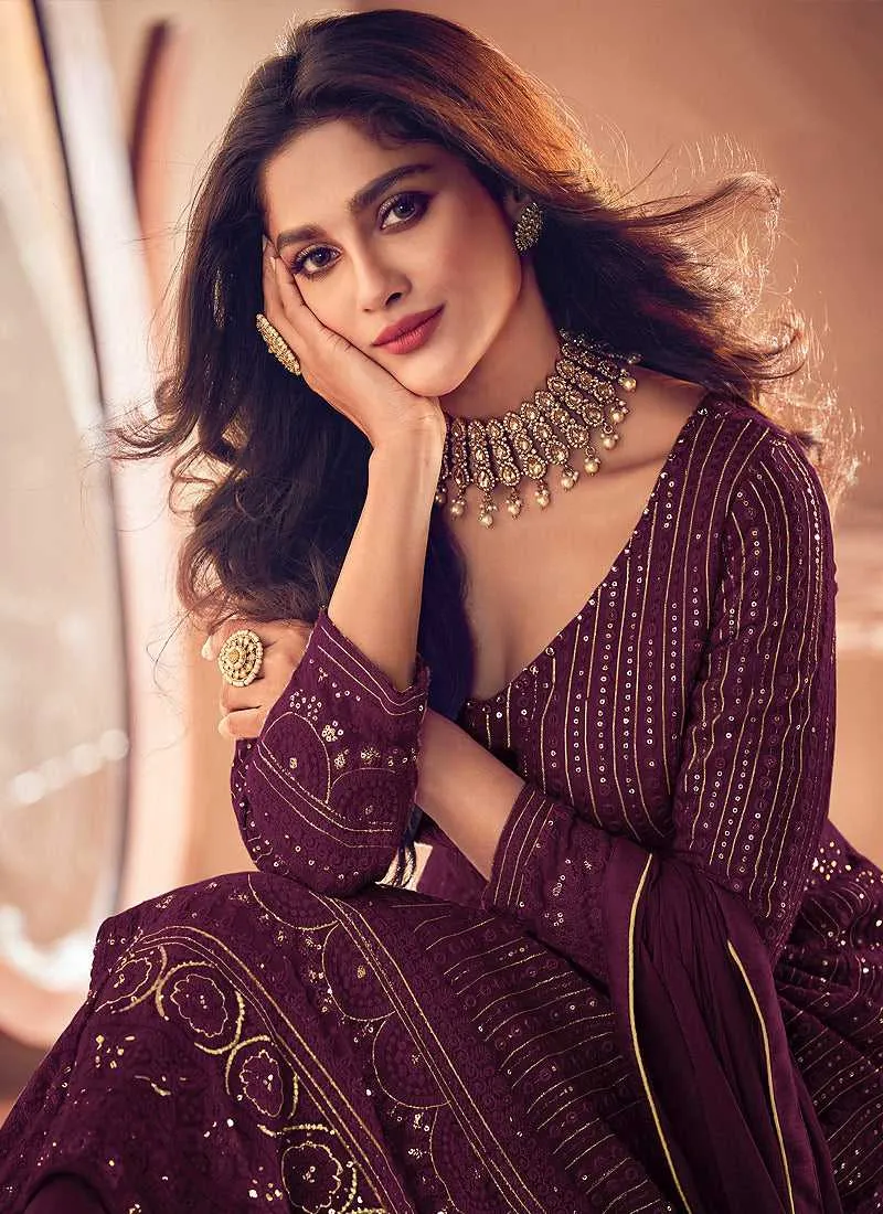 Purple Sequin Embroidered Slit Style Lehenga