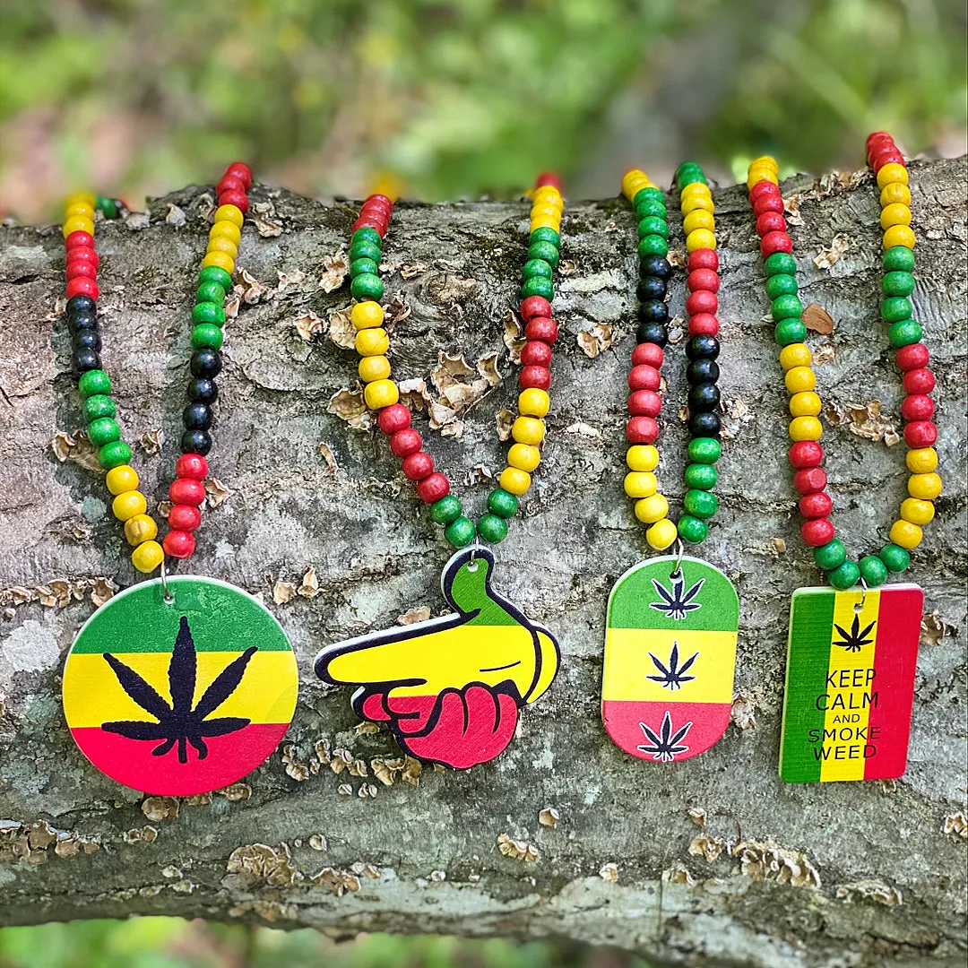 Rasta Finger Gun Wooden Bead Necklace