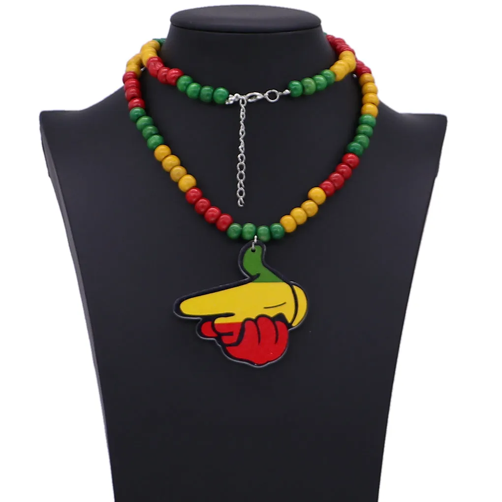 Rasta Finger Gun Wooden Bead Necklace