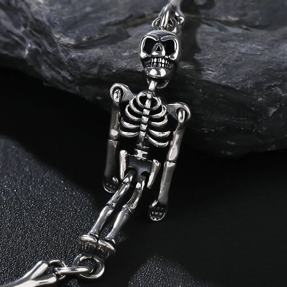 Real Solid 925 Sterling Silver Bracelet Human Skeleton Bone Skull Punk Jewelry 6.3"-7.9"