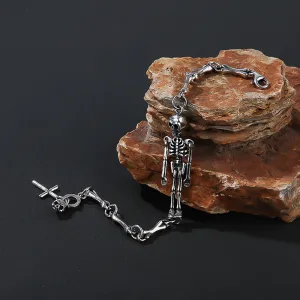 Real Solid 925 Sterling Silver Bracelet Human Skeleton Bone Skull Punk Jewelry 6.3"-7.9"