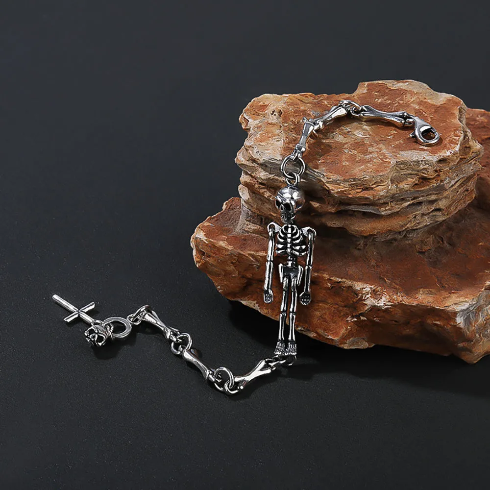 Real Solid 925 Sterling Silver Bracelet Human Skeleton Bone Skull Punk Jewelry 6.3"-7.9"