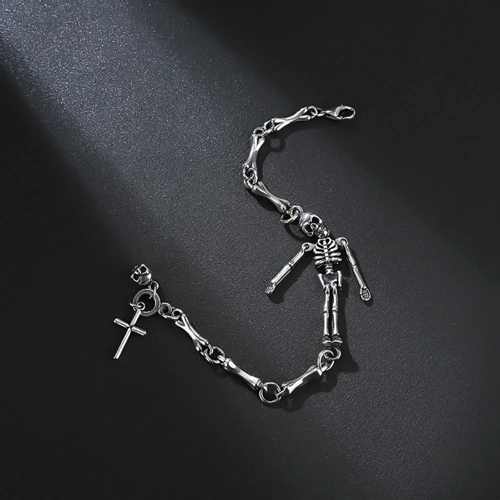 Real Solid 925 Sterling Silver Bracelet Human Skeleton Bone Skull Punk Jewelry 6.3"-7.9"