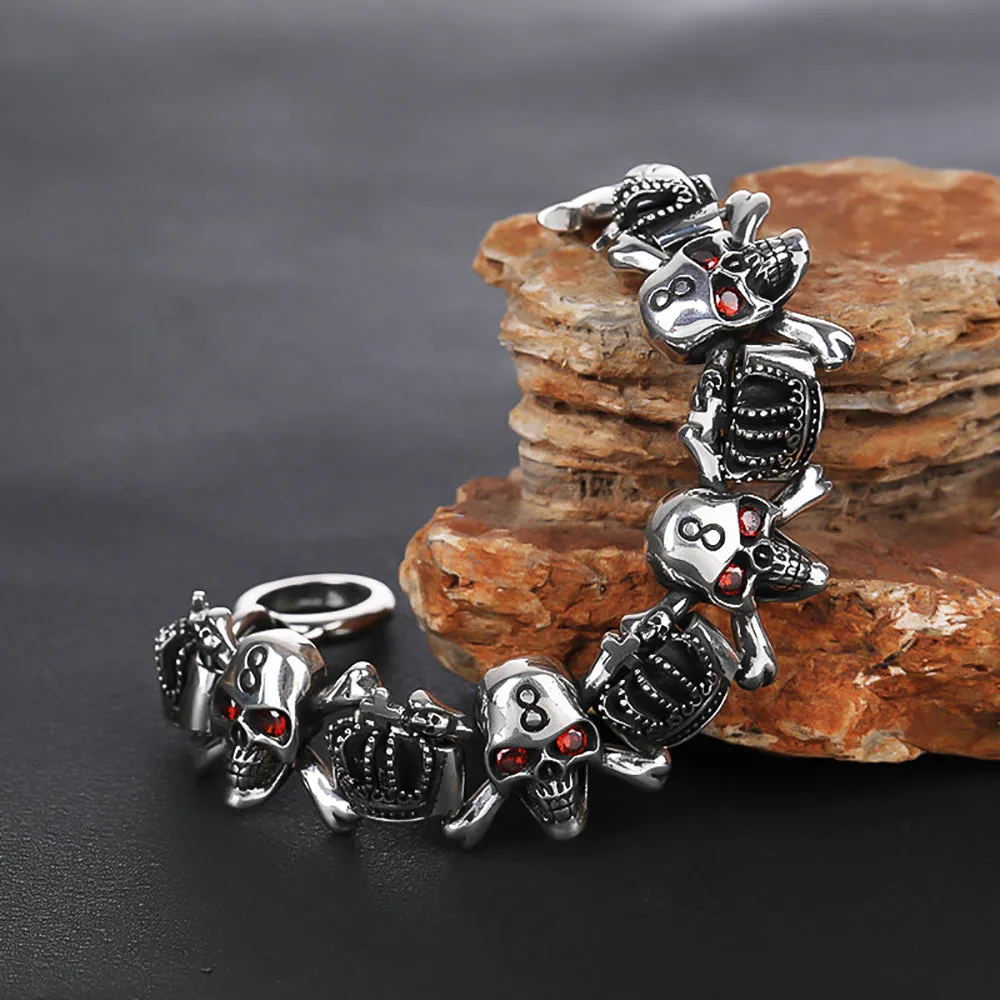Real Solid 925 Sterling Silver Bracelet Red Eye Skulls CZ Inlay Crown Punk Jewelry OT Buckle 6.3"-9.4"