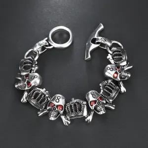 Real Solid 925 Sterling Silver Bracelet Red Eye Skulls CZ Inlay Crown Punk Jewelry OT Buckle 6.3"-9.4"