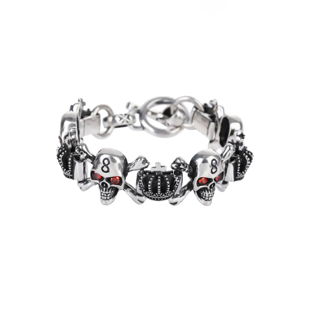 Real Solid 925 Sterling Silver Bracelet Red Eye Skulls CZ Inlay Crown Punk Jewelry OT Buckle 6.3"-9.4"