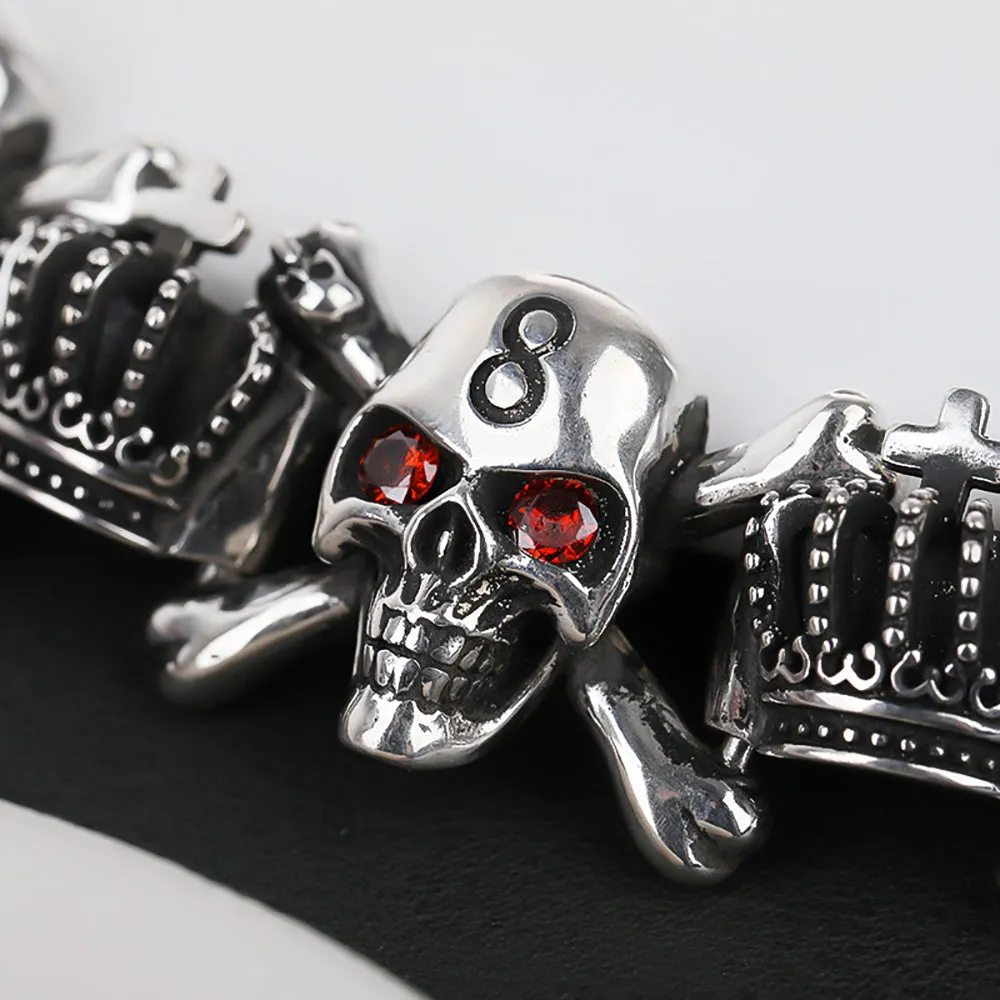 Real Solid 925 Sterling Silver Bracelet Red Eye Skulls CZ Inlay Crown Punk Jewelry OT Buckle 6.3"-9.4"