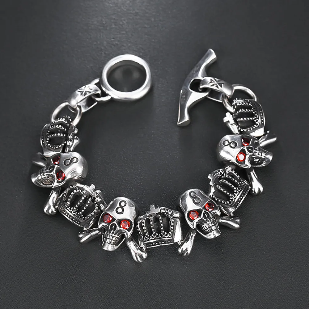 Real Solid 925 Sterling Silver Bracelet Red Eye Skulls CZ Inlay Crown Punk Jewelry OT Buckle 6.3"-9.4"